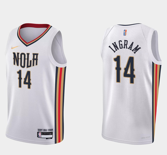 Men's New Orleans Pelicans #14 Brandon Ingram 2021/22 City Edition White 75th Anniversary Stitched Jersey Men's New Orleans Pelicans #14 Brandon Ingram 2021/22 City Edition White 75th Anniversary Stitched Jersey